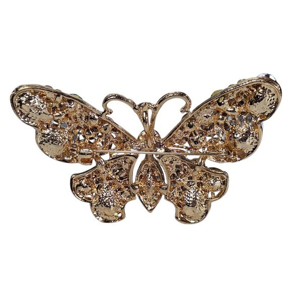 Vintage Style Blue Rhinestone Butterfly Brooch Pin Gold Tone Costume Jewelry - Picture 2 of 5